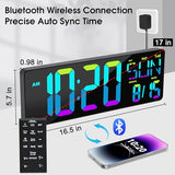 XREXS Large Digital Wall Clock Bluetooth Sync, 17.2" RGB Color Changing Digital Clock with Remote Control, Adjustable Brightness Grandfather Clock, Temperature for Home, Gym and Classroom