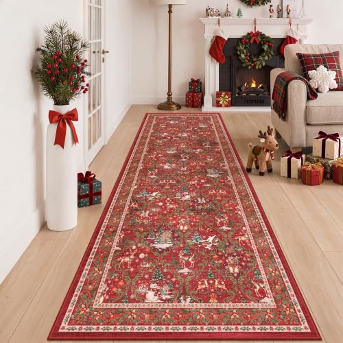 3x8 Christmas Runner Rug for Hallway,Washable Kitchen Rug,Red