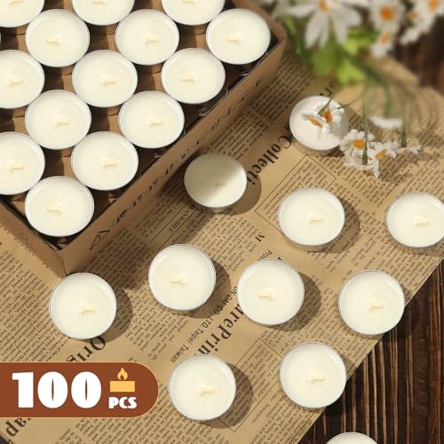 Soy Tea Lights Candles 100 Pack,4 Hours Long Burning-Natural Soy Wax Tealights Candles,Paraffin-Free,Unscented,Clean Burn Tea Lights Votive Candle Bulk for Weddings,Dinner