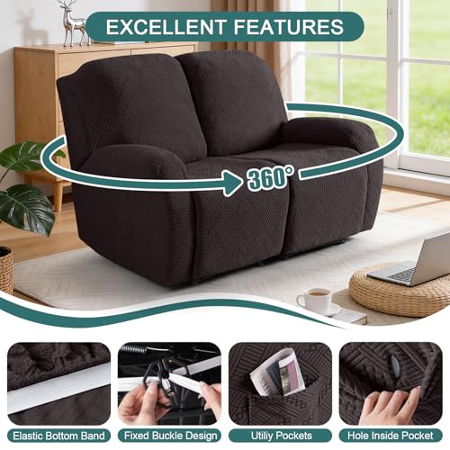 Ruaozz Recliner Sofa Covers Recliner Chair Covers Loveseat Recliner Slipcovers with Pockets Washable Furniture Protector with Elastic Bottom (2 Seater, Chocolate)