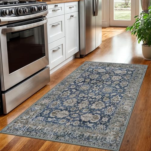 KOZYFLY 3x5 Entryway Rug Washable Vintage Area Rug Floral Blue