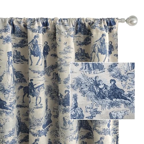 DriftAway 100% Blackout Toile Linen Curtains for Bedroom Double Layer Farmhouse French Country Vintage Printed Pattern Thermal Sound Lined Back Tab Living Room Drapes 84 inch Length 2 Panels Navy