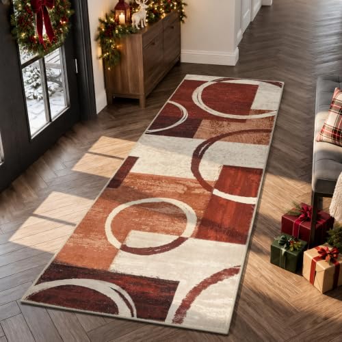 2x6 Washable Modern Abstract Runner Rug Non-Slip for Hallways, Red