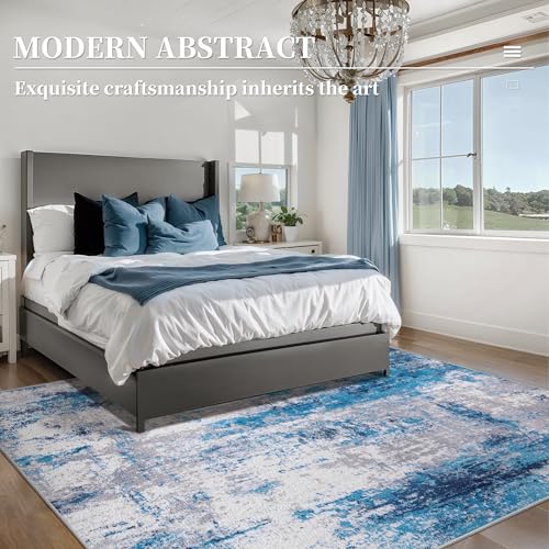5x7 Area Rugs for Living Room, Modern Abstract Washable Carpet Blue