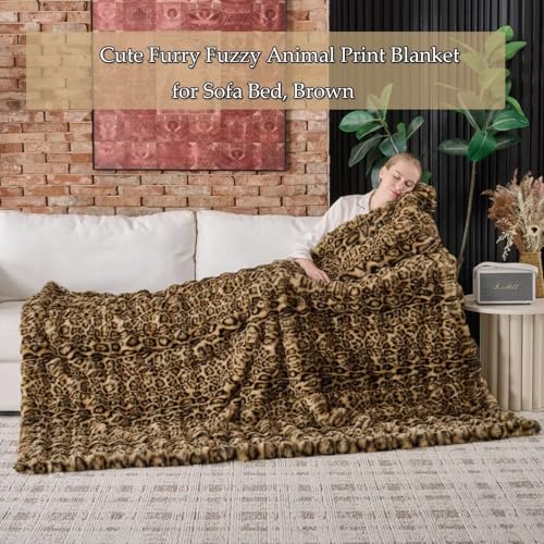 760GSM Faux Rabbit Faux Fur Throw Blanket,Super Thick Warm Bubble Blanket Throw,Fuzzy Luxury Plush Decorative Blanket for Couch Bed Sofa(Leopard Brown,50''x 60'')
