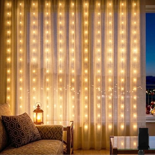 Vigdur Led Curtain String Lights, 8FT Window Fairy Lights for Bedroom with 210 Warm LEDs, Hanging Twinkle Indoor String Light for Party Wedding Garden Wall Decor(8 * 7ft)