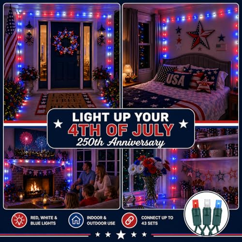 Novelty Lights 50 LED 25ft Red White Blue Lights, USA Patriotic 4th of July String Lights, Wide Angle Mini Lights on Green Wire, Commercial Grade, Connectable Indoor Outdoor Christmas Lights