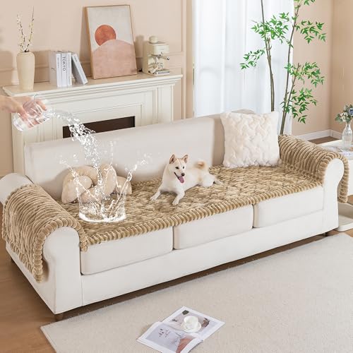 PuTian 100% Waterproof Fuzzy Couch Cover for Dogs Washable Non-Slip Couch Protector Pet Friendly Dog Mat for Couches and Sofas - 27.6''X27.6'' 70cmX70cm Khaki