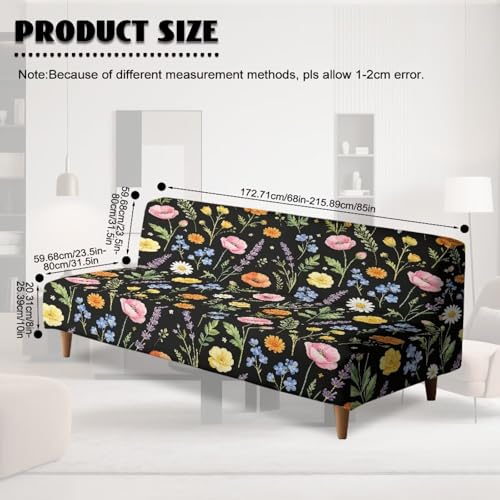 GLENLCWE Black Wildflowers Print Armless Futon Cover Stretch Elastic Bottom Non-Armrest Couch Slipcover Durable Furniture Protector Colorfiul Floral Style for Living Room