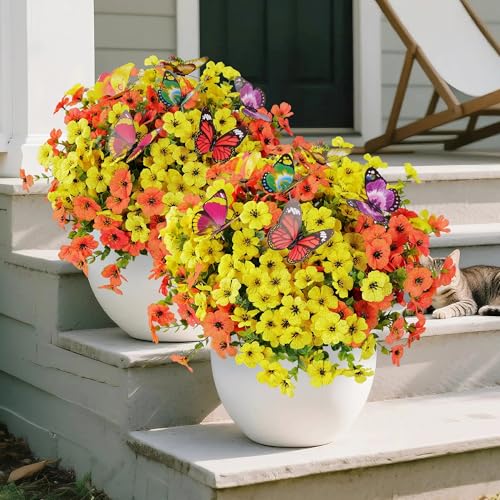 20 Bundles Artificial Flowers for Outdoors‌ and 6 Faux Butterflies | UV Resistant and No Fade, Maintenance-Free, ‌‌Fake Flowers for Garden Patio Porch Home Gifts Festivals Decor, Orange Yellow