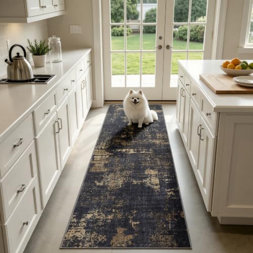 Sasttie 2x10 Runner Rug, Modern Abstract Hallway Carpet, Black & Gold