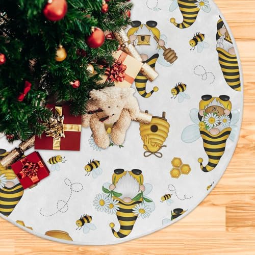 Spring Gnomes Bee Tree Skirt 36" Yellow Honey Flowers Dwarf Christmas Tree Skirts Rustic Farmhouse Xmas Mat for Holiday Festival Party Decor