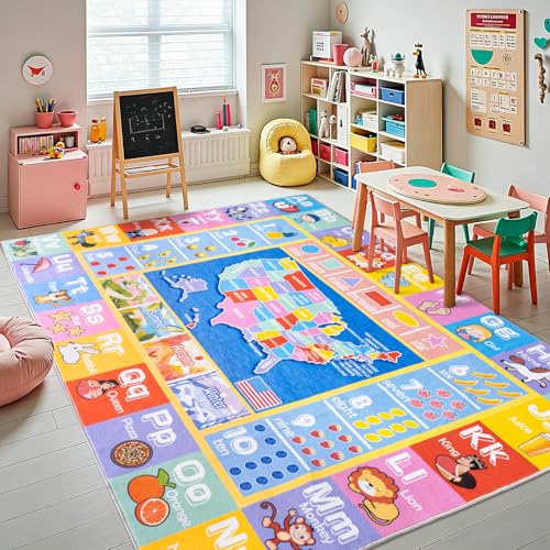 Kids Rugs for Playroom - Soft & Non-Slip 7x9 Feet Educational Rug for Learning ABC Alphabet, Numbers, Shapes & Map, Washable Classroom Rug for Toddler Nursery & Kids Room Decor