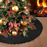 Christmas Tree Skirt, Black Christmas Tree Skirt 48 inches Soft Double Layer Burlap Tree Skirt with Pom Pom for Rustic Christmas Halloween Decorations