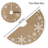 MACTING Christmas Tree Skirt, 30 Inch Small Burlap Tree Mat with White Large Small Snowflake Patterns Pom Poms for Holiday Party Indoor Home Christmas Tree Decorations