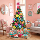 Seenelling 65 Pcs Summer Christmas Tree Ornaments July Christmas Tree Topper Pink Flamingo Wooden Hanging Decoration Ribbon and Faux Flowers for Xmas Luau Tropical Party Beach Decor Supplies Holiday