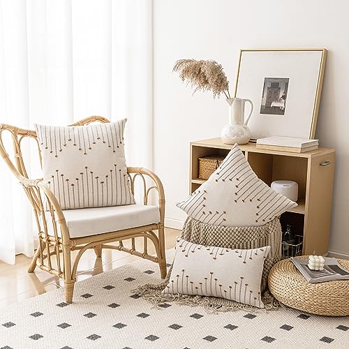 LILEPOY Boho Throw Pillow Covers 18x18 Set of 2 Neutral Decorative Textured Cushion Case Farmhouse Pillowcase Modern Square Pillow Covers for Sofa,Couch, Living Room,Beige and Brown