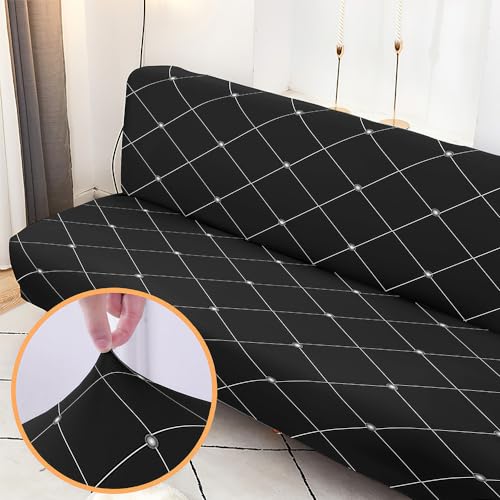 Hixingo Stretch Armless Futon Cover, Futon Mattress Cover Soft Futon Covers with Elastic Bottom, Lattice Print Futon Slipcovers Washable Futon Couch Cover (Black Plaid,Medium (63-75"))