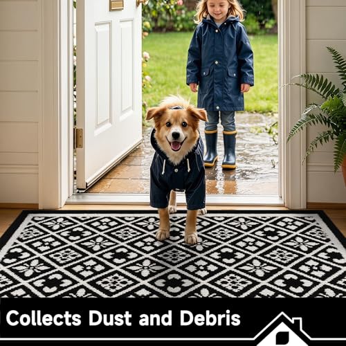 Indoor Door Mat, Absorbent Muddy Mats for Dogs, Low-Profile Entrance Welcome Mat with Non-Slip Rubber Backing, Washable Runner Carpet for Hallway,Entryway,Kitchen (Black 32x48in)