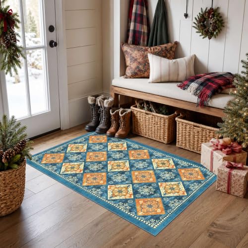 Blue Christmas Rug 2x3, Washable Rug for Entryway, Checkered
