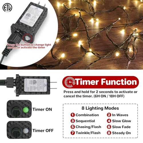 66FT 200 LED Christmas Light, Twinkle Xmas Lights with 8 Modes and Timer, Outdoor Waterproof Christmas Tree Lights for Room Bedroom Wedding Party Holiday Decorations, Warm White