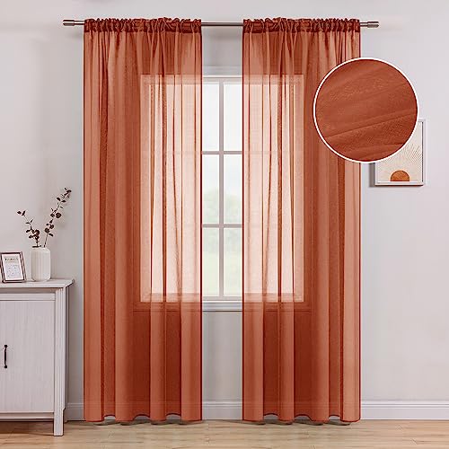 MIULEE Terracotta Linen Textured Sheer Curtains 2 Panels for Bedroom/Living Room Semi Transparent Voile Drapes Rust Boho Orange Rustic Fall Decor Window Panels Rod Pocket, W 54 x L 84 Inches Long