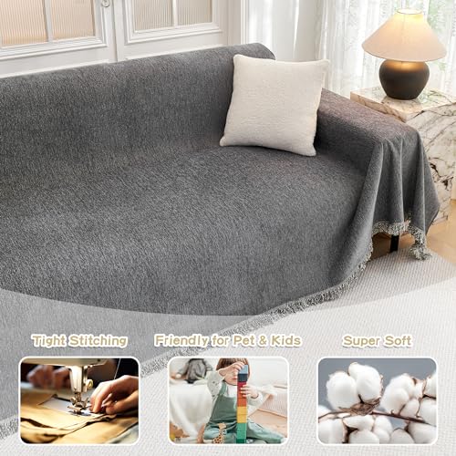 MYSKY HOME Couch Cover for Dogs Washable, Couch Covers Couch Covers for Dogs Couch Cover 2 Cushion Sofa Non Slip Dog Furniture Protector with Tassels Chenille Sofa Covers for Pets, 71"x102", Dark Grey