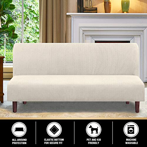 Stretch Armless Futon Cover Futon Slipcover Full Queen Size Couch Cover Futon Sofa Bed Cover Furniture Protector with Elastic Bottom, Machine Washable, Biscotti Beige