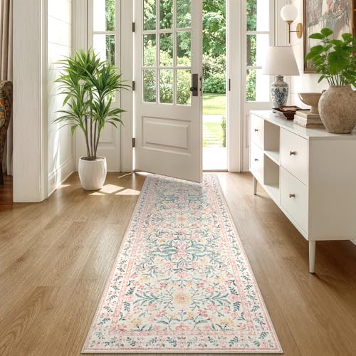 Morebes Boho Hallway Runner Rug 2x6, Pink Floral Kitchen Runner Rugs for Bedroom Girls, Washable Non Slip Super Soft Indoor Throw Carpet for Bathroom Laundry Room Entryway
