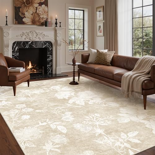 Soalmost Floral Washable Rugs 5x7 for Living Room, Neutral Soft Rug Beige