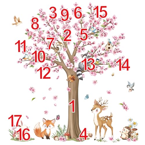 decalmile Woodland Animals Large Flower Tree Wall Decals Cherry Blossom Deer Fox Wall Stickers Baby Nursery Kids Bedroom Living Room Wall Decor