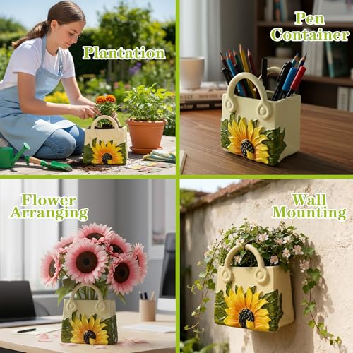 Small Purse Vase for Flowers - Sunflower Cute Handbag Flower Vase for Modern Table Centerpiece Decor, Unique Beige Resin Vases for Party, Kitchen, Bouquet, Bedroom, Livingroom