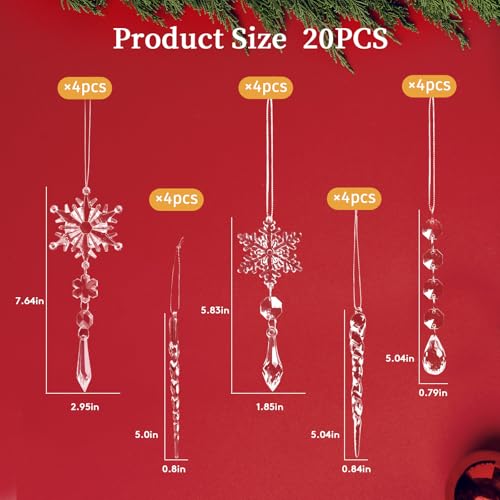 20pcs Christmas Ornaments Set for Tree Decorations- Hanging Acrylic Crystal Snowflake Icicle Drop Decorations for Winter Christmas Tree New Year Party Supplies