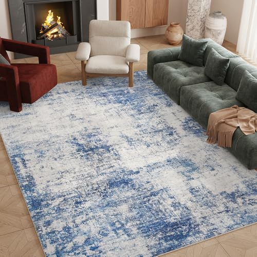 8x10 Blue Gray Washable Area Rug for Living Room, Abstract Print