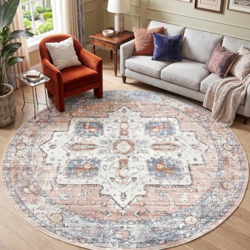 jinchan 8ft Round Rug Vintage Medallion Washable Area Rug, Blue/Orange