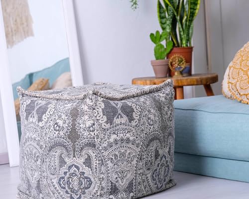 Mandala Life Art Pouf Ottoman - 20x20x20" - Foot Rest Stool - Gray Cube