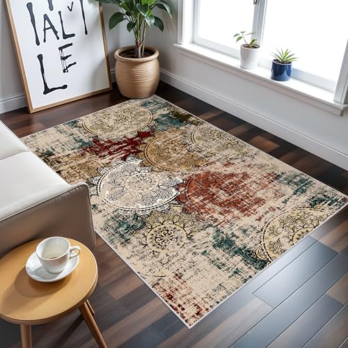 Washable 3x5 Area Rugs - Abstract Living Room Rus Low Pile Area Rug for Bedroom Soft Water Resistant Non Slip Modern Floor Area Rugs for Entry Dinning Room 3x5 Red Green Multi