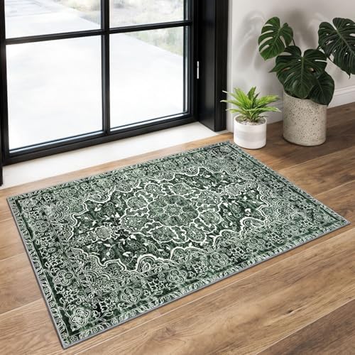 Vintage Small Area Rug 2x3 Dark Green Washable Entryway Rugs