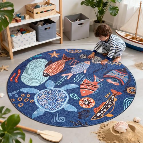 jinchan 5ft Coastal Round Rug Washable Kids Rug Colorful Fish Mat Blue