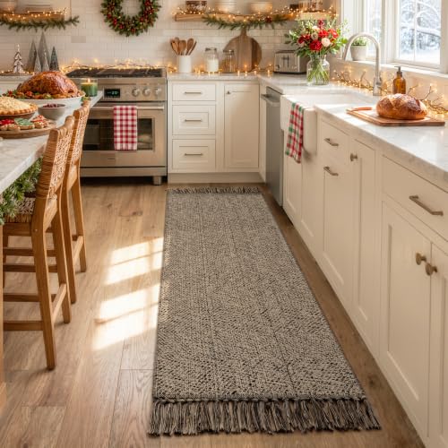 Collive Farmhouse Hallway Runner Rug, 2x6 Hand-Woven Reversible Washable Runners for Kitchen Floor, Natural/Black Cotton Laundry Room Rugs Modern Boho Kitchen Sink Carpet for Bathroom Foyer Bedroom