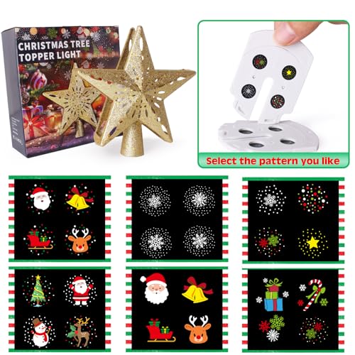 Wninbu Christmas Tree Topper Star Lighted with 6 Projection Modes,Christmas Star Tree Topper Projector Built-in LED Rotating Lights,3D Glitter Dynamic Projector Party Christmas Decorations (Gold)
