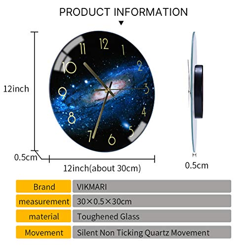 VIKMARI Black Wall Clock 12 Inch Round Silent Non-Ticking Quartz Battery Operated Wall Clocks Glass Night Sky Pattern Decorative Arabic Numerial Clock for Kitchen Living Room Dining Room and Bedroom