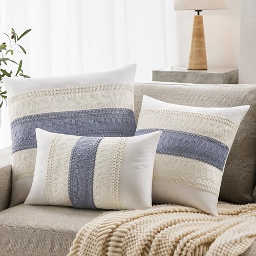 Soft Cotton Boho Throw Pillow Covers Set of 2, Natural White/Contrast Blue 18x18 Inch, Blue Farmhouse Decorative Cushion Covers for Sofa Bed Living Room Home Decor