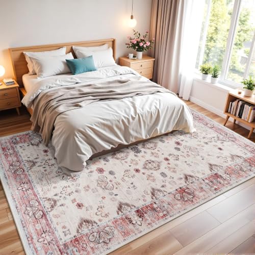 6x9 Area Rugs for Living Room, Washable Rug Vintage Floral, Red