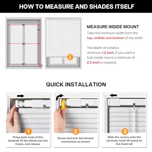 LazBlinds No Tools No Drill Cordless Aluminum Mini Blinds, 100% Privacy S-Curve Blinds for Windows, Room Darkening Horizontal Window Blinds and Shades for Home, 34" W x 36" H, White