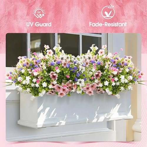 Fake Flowers for Outdoor UV Resistant 24 pcs Pink Artificial Flowers Outdoors, Realistic Faux Silk Flowers Fade Resistant, Fake Plants ＆ Flowers for Garden Porch Planters Window Patio Wedding