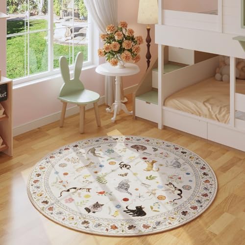 Rugcomf Round Area Rug 6ft Washable Non Slip Floral Animal Cat, Beige