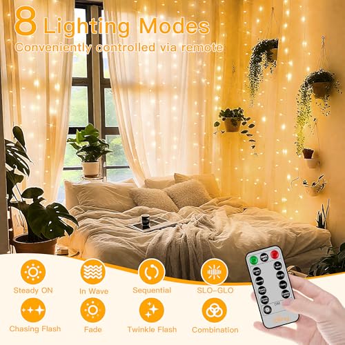 Ollny Curtain Lights 6.6x6.6ft, 200 LED String Lights with Remote 8 Modes Dimmable Timer, USB Power Fairy Light for Bedroom Backdrop Indoor Wall Window Christmas Decorations, Warm White