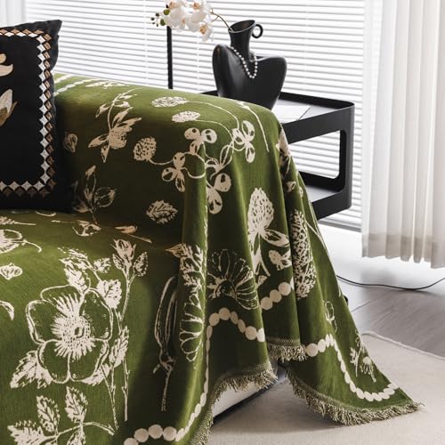DREAMINGO Green Floral Couch Cover Farmhouse Botanical Jacquard Sofa Covers for 3 Cushion Couch Cozy Chenille Living Room Furniture Futon Sectional Sofa Slipcovers Washable, X-Large 71"x134"