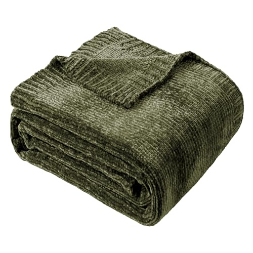 BATTILO HOME Olive Green Chenille Throw Blanket for Couch, Cozy Knit Throw Blanket for Bed Sofa Outdoor, Super Soft Warm Green Blankets Chenille Blankets for Home Decor, 51"x67"